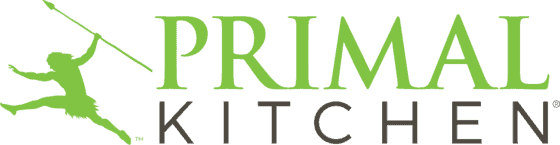 primal kitchen logo with a green silhouette of a person holding a spear on the left and the words "primal kitchen" in green and black text.